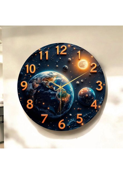Uzay Dünya Renkli Baskı Desenli Sayılı Hediyelik Ahşap Sessiz Tablo Duvar Saati