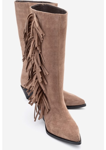 Orlo Toprak Süet Hakiki Deri Püsküllü Kadın Western Çizme