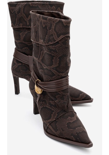Myra Kahverengi Desenli Biyeli Tokalı Kadın Topuklu Bot