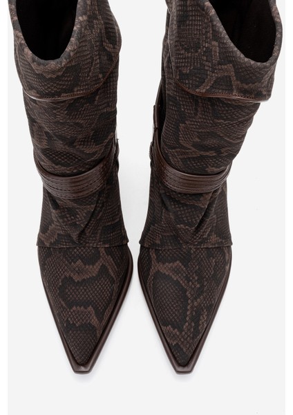 Myra Kahverengi Desenli Biyeli Tokalı Kadın Topuklu Bot modelleri