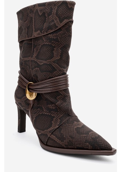 Myra Kahverengi Desenli Biyeli Tokalı Kadın Topuklu Bot fırsatları