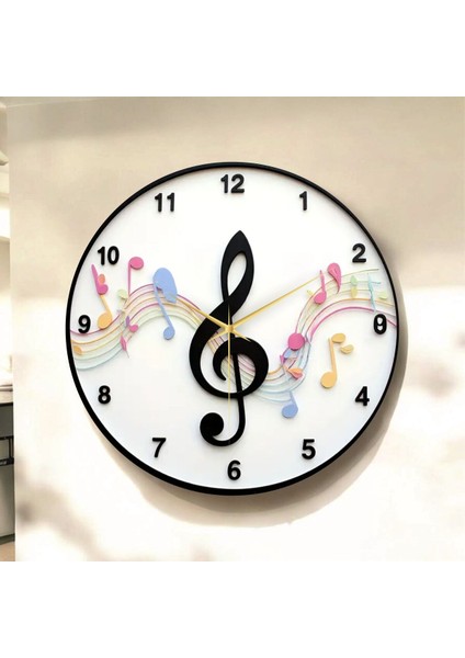 Müzik Nota Renkli Baskı Desenli Sayılı Hediyelik Ahşap Sessiz Tablo Duvar Saati