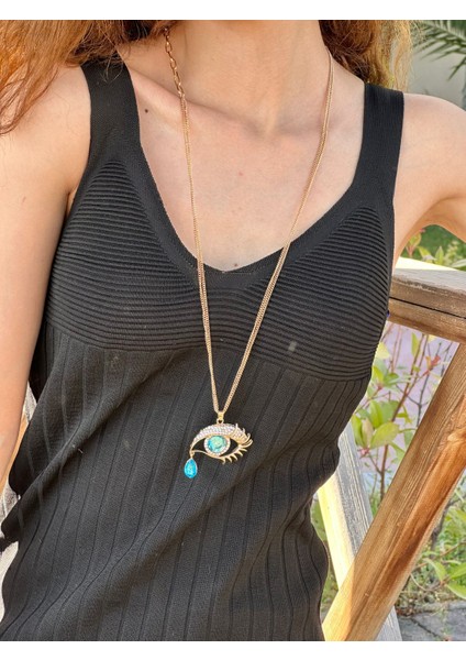 Zirkon Taş Işleme Ağlayan Göz Kadın Kolye 40 cm