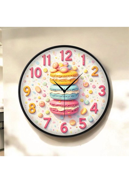 Makaron Pastane Renkli Baskı Desenli Sayılı Hediyelik Ahşap Sessiz Tablo Duvar Saati