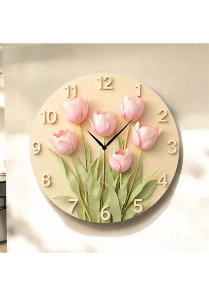 Çiçek Renkli Baskı Desenli Sayılı Hediyelik Ahşap Sessiz Tablo Duvar Saati