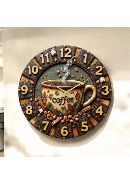 Kahve Renkli Baskı Desenli Sayılı Hediyelik Ahşap Sessiz Tablo Duvar Saati