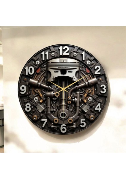 Piston Motor Tamirci Renkli Baskı Desenli Sayılı Hediyelik Ahşap Sessiz Tablo Duvar Saati