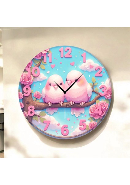 Kuş Çocuk Renkli Baskı Desenli Sayılı Hediyelik Ahşap Sessiz Tablo Duvar Saati