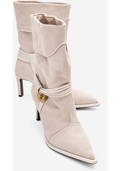 Myra Bej Süet Biyeli Tokalı Kadın Topuklu Bot