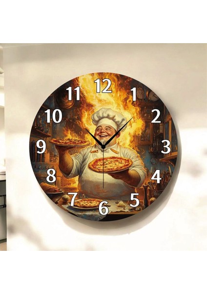 Pizza Aşçı Yemek Renkli Baskı Desenli Sayılı Hediyelik Ahşap Sessiz Tablo Duvar Saati