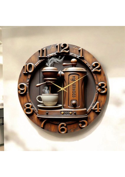 Çay Kahve Renkli Baskı Desenli Sayılı Hediyelik Ahşap Sessiz Tablo Duvar Saati