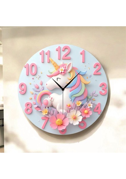 Unicorn At Renkli Baskı Desenli Sayılı Hediyelik Ahşap Sessiz Tablo Duvar Saati