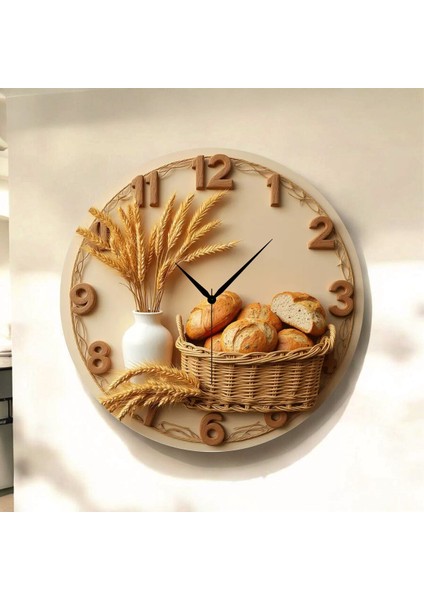 Ekmek Fırın Renkli Baskı Desenli Sayılı Hediyelik Ahşap Sessiz Tablo Duvar Saati