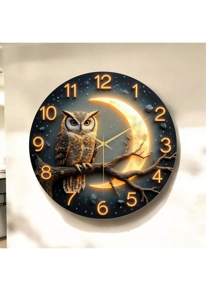 Baykuş Hayvan Renkli Baskı Desenli Sayılı Hediyelik Ahşap Sessiz Tablo Duvar Saati