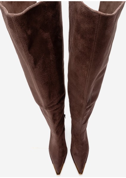 Vody Kahverengi Süet Dizüstü Fermuarlı Kadın Topuklu Çizme fiyatları
