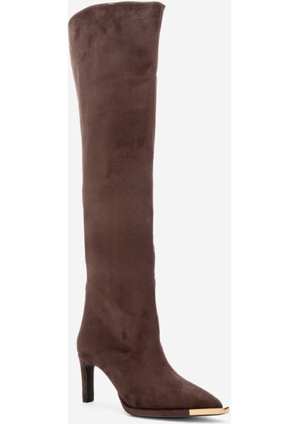 Vody Kahverengi Süet Dizüstü Fermuarlı Kadın Topuklu Çizme modelleri
