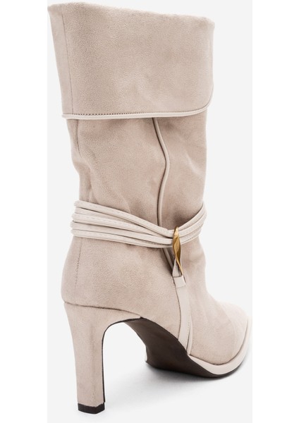 Myra Bej Süet Biyeli Tokalı Kadın Topuklu Bot indirimleri