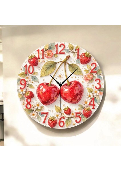 Kiraz Çilek Meyve Renkli Baskı Desenli Sayılı Hediyelik Ahşap Sessiz Tablo Duvar Saati