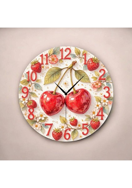 Kiraz Çilek Meyve Renkli Baskı Desenli Sayılı Hediyelik Ahşap Sessiz Tablo Duvar Saati fiyatları