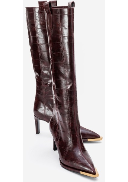 Lunelle Bordo Baskı Altın Detaylı Sivri Burunlu Kadın Topuklu Çizme