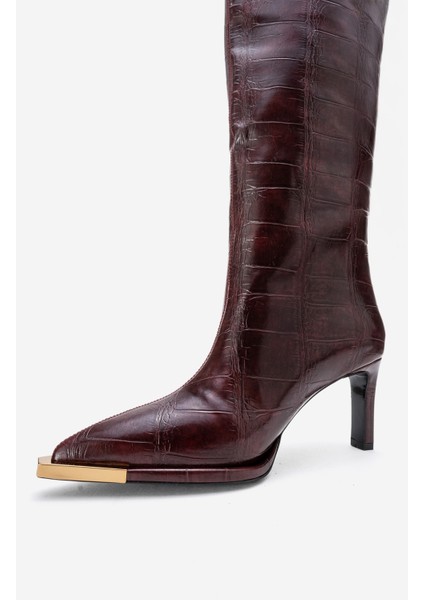 Lunelle Bordo Baskı Altın Detaylı Sivri Burunlu Kadın Topuklu Çizme fırsatları