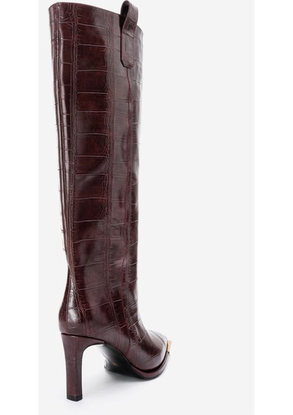 Lunelle Bordo Baskı Altın Detaylı Sivri Burunlu Kadın Topuklu Çizme indirimleri