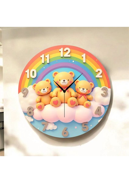 Ayıcık Çocuk Renkli Baskı Desenli Sayılı Hediyelik Ahşap Sessiz Tablo Duvar Saati