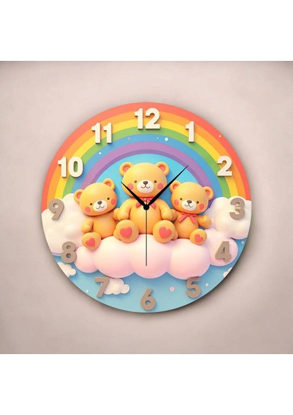 Ayıcık Çocuk Renkli Baskı Desenli Sayılı Hediyelik Ahşap Sessiz Tablo Duvar Saati fiyatları
