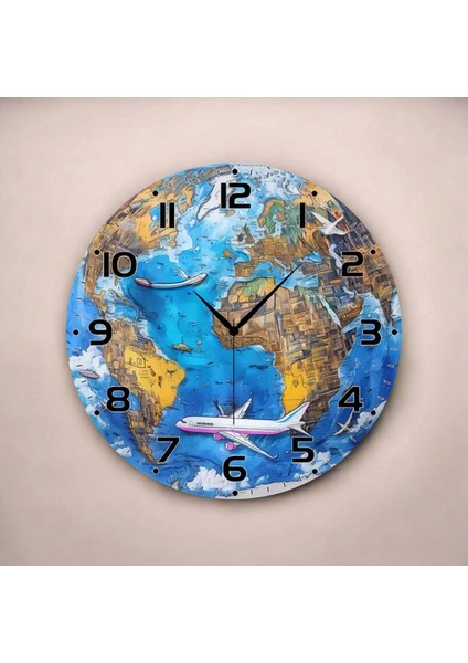 Dünya Harita Renkli Baskı Desenli Sayılı Hediyelik Ahşap Sessiz Tablo Duvar Saati fiyatları