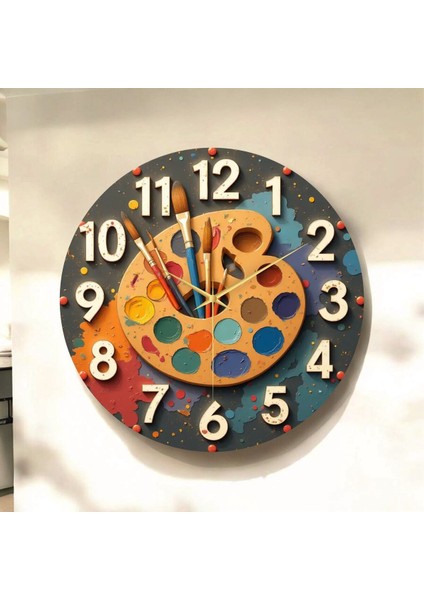 Ressam Resim Palet Renkli Baskı Desenli Sayılı Hediyelik Ahşap Sessiz Tablo Duvar Saati
