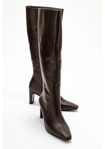 Lume Kahverengi Cilt Hakiki Deri Kadın Blok Topuklu Çizme