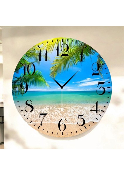 Deniz Sahil Renkli Baskı Desenli Sayılı Hediyelik Ahşap Sessiz Tablo Duvar Saati