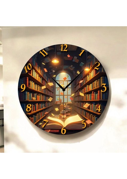 Kitap Kütüphane Öğretmen Renkli Baskı Desenli Sayılı Hediyelik Ahşap Sessiz Tablo Duvar Saati