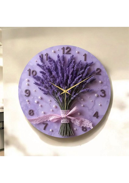 Çiçek Mor Renkli Baskı Desenli Sayılı Hediyelik Ahşap Sessiz Tablo Duvar Saati