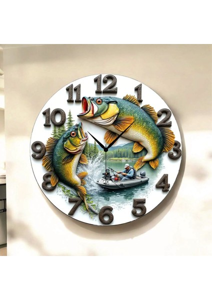 Balık Avcı Renkli Baskı Desenli Sayılı Hediyelik Ahşap Sessiz Tablo Duvar Saati