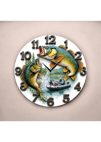 Balık Avcı Renkli Baskı Desenli Sayılı Hediyelik Ahşap Sessiz Tablo Duvar Saati fiyatları