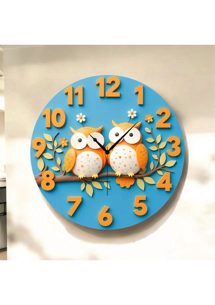 Baykuş Hayvan Renkli Baskı Desenli Sayılı Hediyelik Ahşap Sessiz Tablo Duvar Saati