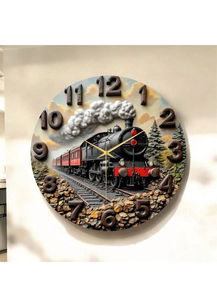 Tren Renkli Baskı Desenli Sayılı Hediyelik Ahşap Sessiz Tablo Duvar Saati