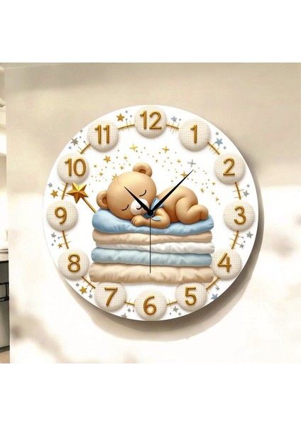 Ayıcık Çocuk Renkli Baskı Desenli Sayılı Hediyelik Ahşap Sessiz Tablo Duvar Saati