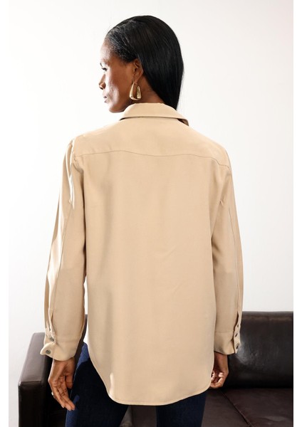 Camel Cep Detaylı Uzun Gömlek 0662
