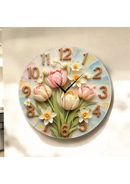 Çiçek Renkli Baskı Desenli Sayılı Hediyelik Ahşap Sessiz Tablo Duvar Saati