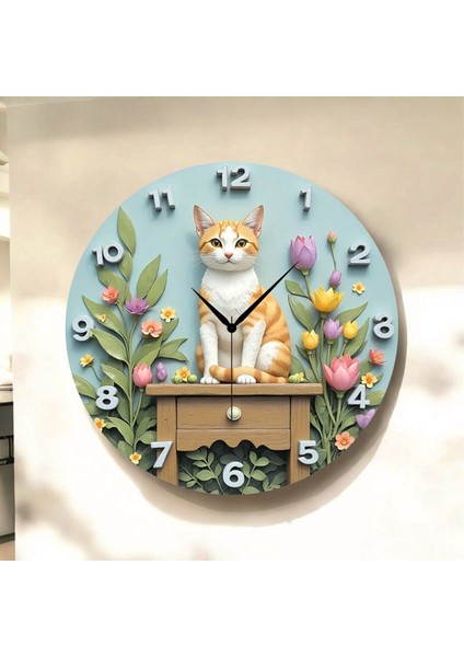 Kedi Hayvan Çiçek Renkli Baskı Desenli Sayılı Hediyelik Ahşap Sessiz Tablo Duvar Saati