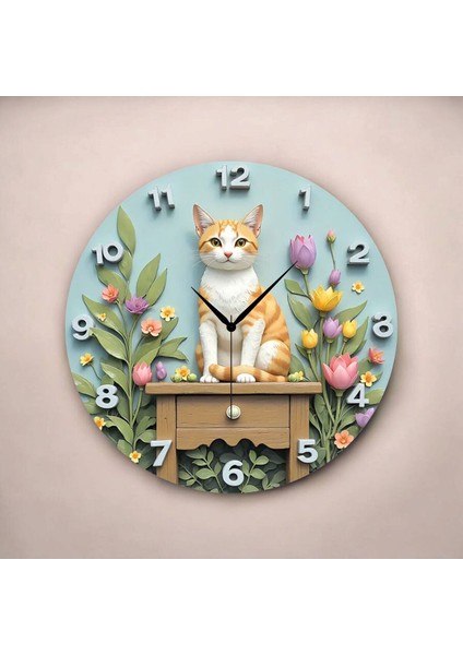Kedi Hayvan Çiçek Renkli Baskı Desenli Sayılı Hediyelik Ahşap Sessiz Tablo Duvar Saati fiyatları