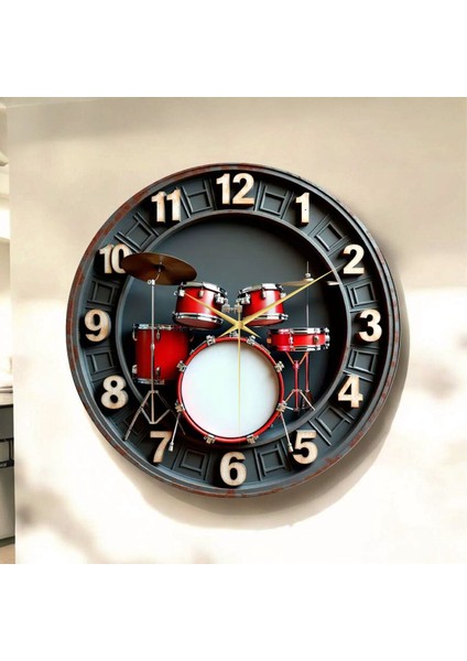 Bateri Müzik Renkli Baskı Desenli Sayılı Hediyelik Ahşap Sessiz Tablo Duvar Saati