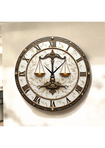 Terazi Adalet Avukat Renkli Baskı Desenli Sayılı Hediyelik Ahşap Sessiz Tablo Duvar Saati