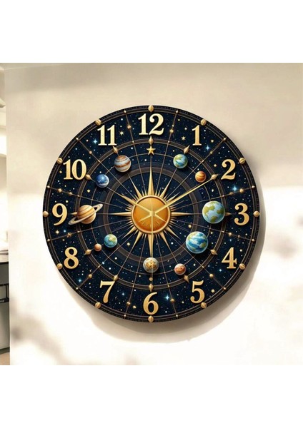 Uzay Güneş Sistem Renkli Baskı Desenli Sayılı Hediyelik Ahşap Sessiz Tablo Duvar Saati