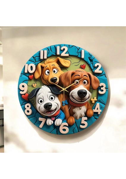 Köpek Hayvan Çocuk Renkli Baskı Desenli Sayılı Hediyelik Ahşap Sessiz Tablo Duvar Saati