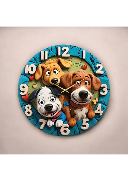 Köpek Hayvan Çocuk Renkli Baskı Desenli Sayılı Hediyelik Ahşap Sessiz Tablo Duvar Saati fiyatları