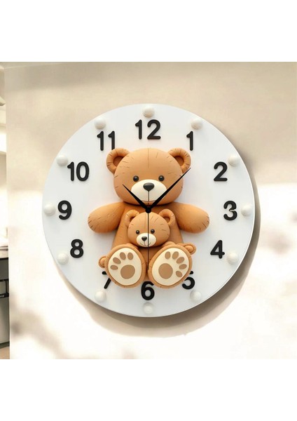 Ayıcık Çocuk Renkli Baskı Desenli Sayılı Hediyelik Ahşap Sessiz Tablo Duvar Saati