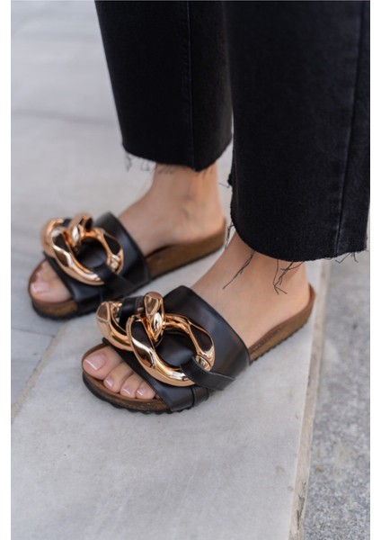 Sidney Kadın Beyaz Bronz Zincir Tokali Terlik